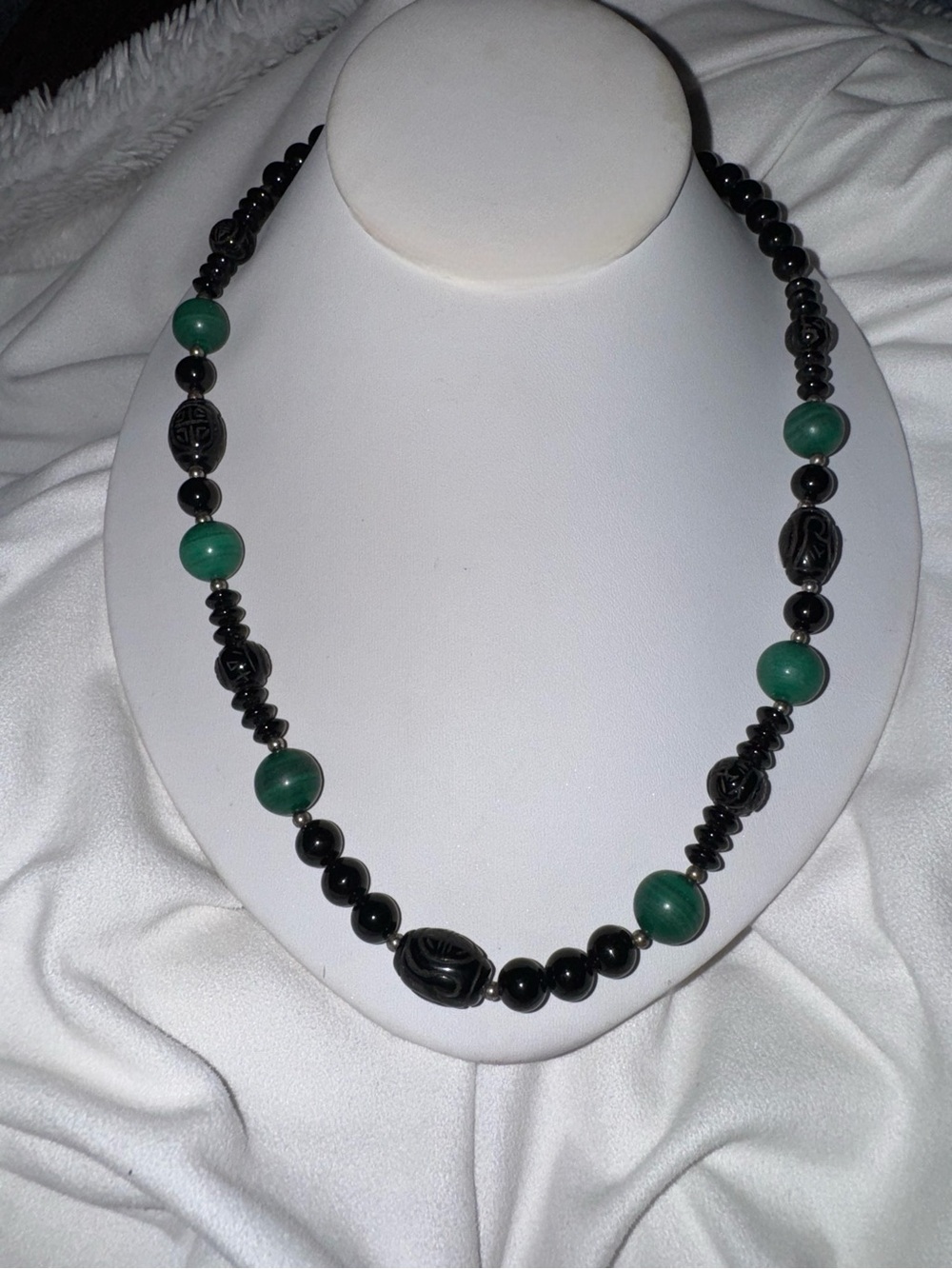 Vintage Signed Sterling, Malachite & Carved Black Onyx Necklace, 24"